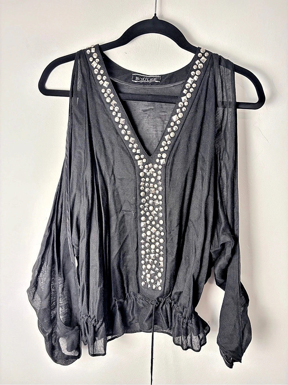 BOULEE Black Studded Cold Shoulder V Neck Drawstring Top Small